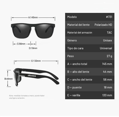 Medidas y especificaciones de los lentes polarizados Okuma: 145 mm de ancho y 27 g