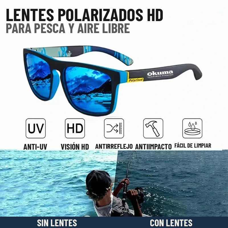 Lentes polarizados HD Okuma para pesca, con iconos de protección UV y antirreflejo