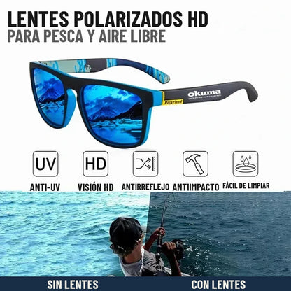 Lentes polarizados HD Okuma para pesca, con iconos de protección UV y antirreflejo