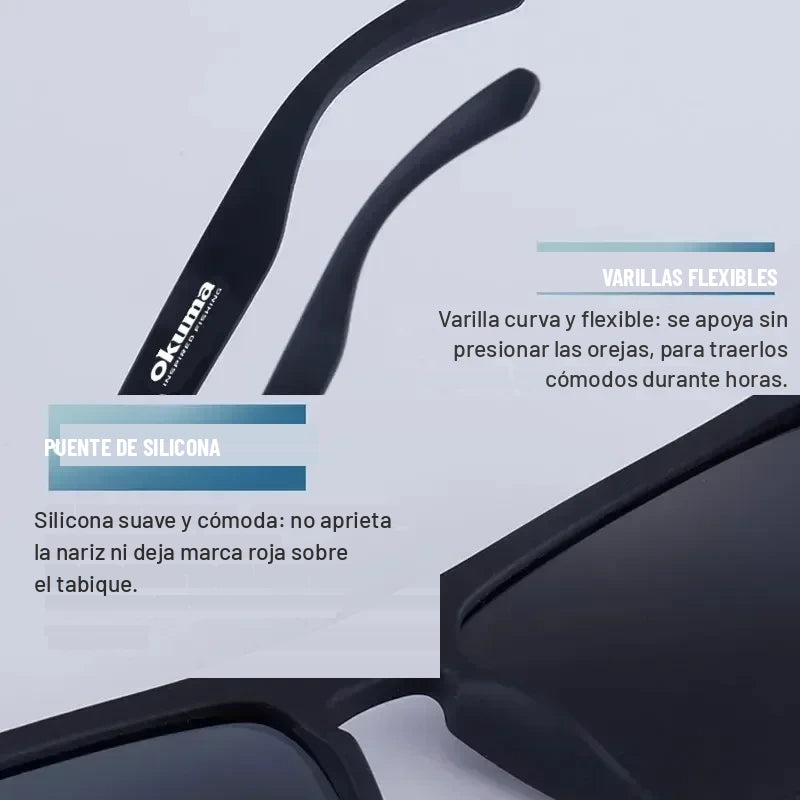 Detalle de las varillas flexibles y el puente de silicona de los lentes polarizados