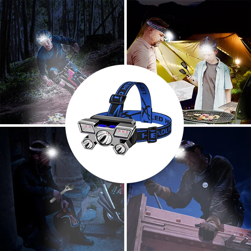 Linterna frontal LED azul de 5 LED encendida, vista lateral