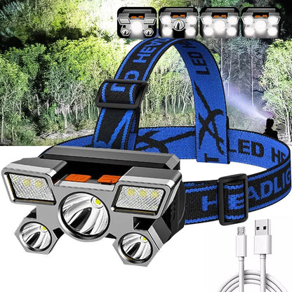 Linterna frontal LED recargable USB azul con banda ajustable, vista frontal