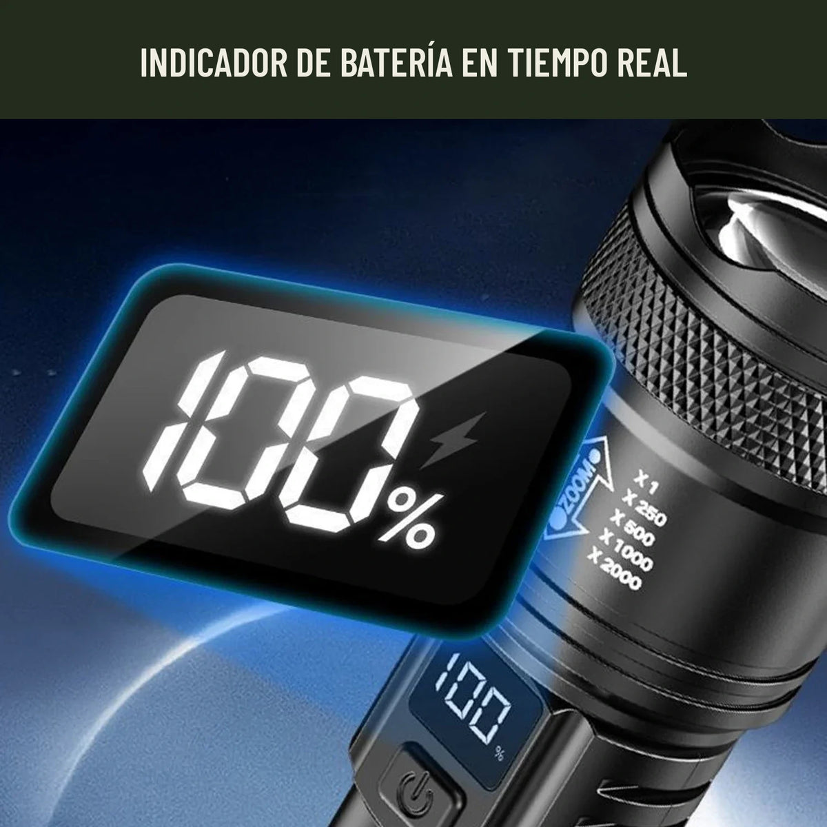 Pantalla que muestra el nivel de batería de la linterna LED