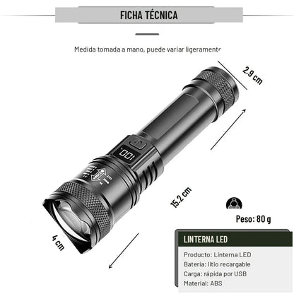 Medidas de la linterna LED: 15.2 cm de largo, 4 cm de cabezal y 80 g