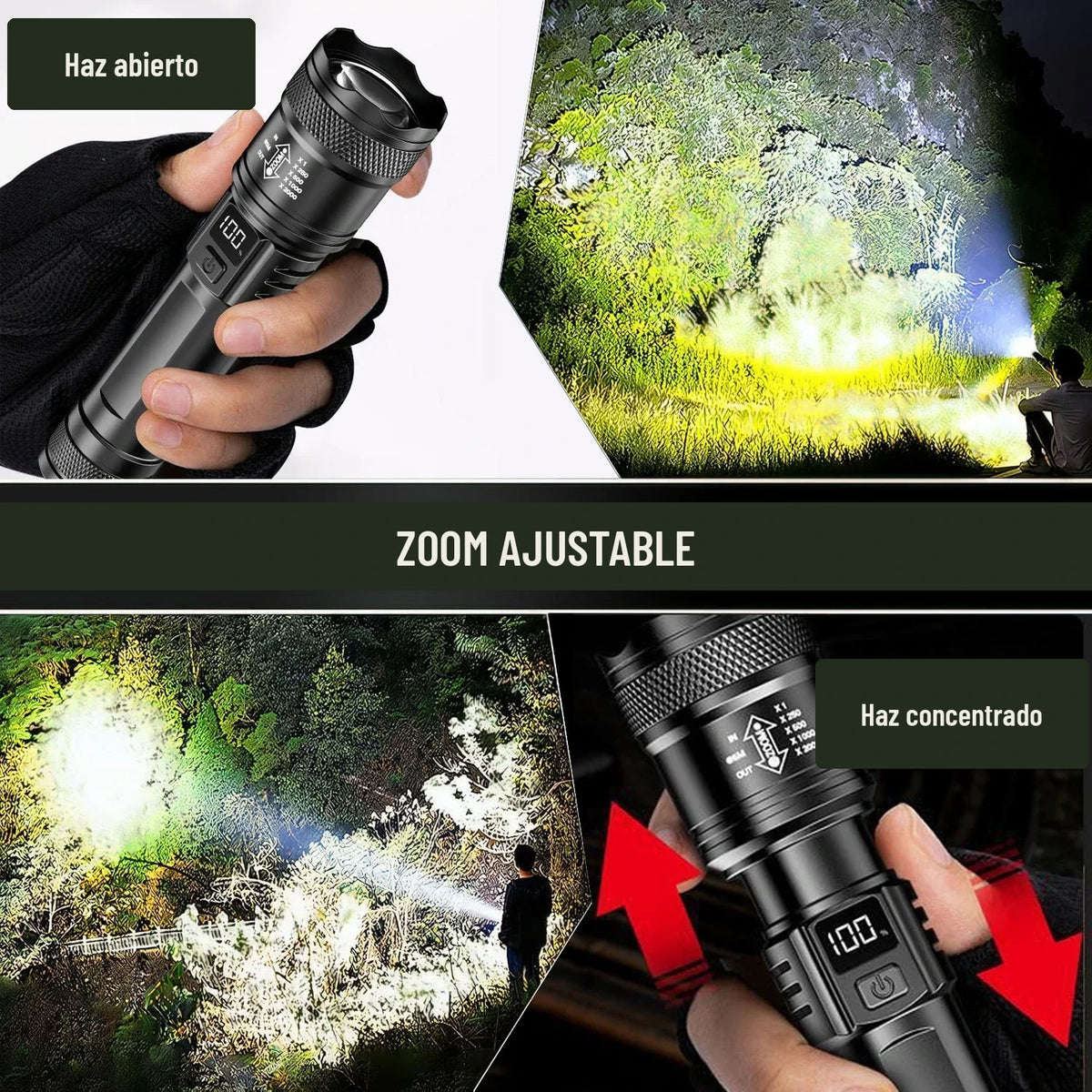 Zoom ajustable de la linterna LED: haz abierto y haz concentrado