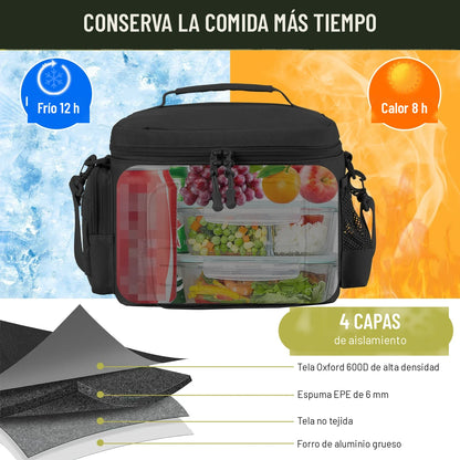 Cuatro capas de aislamiento de la lonchera termica negra: tela Oxford 600D, espuma EPE, tela no tejida y forro de aluminio