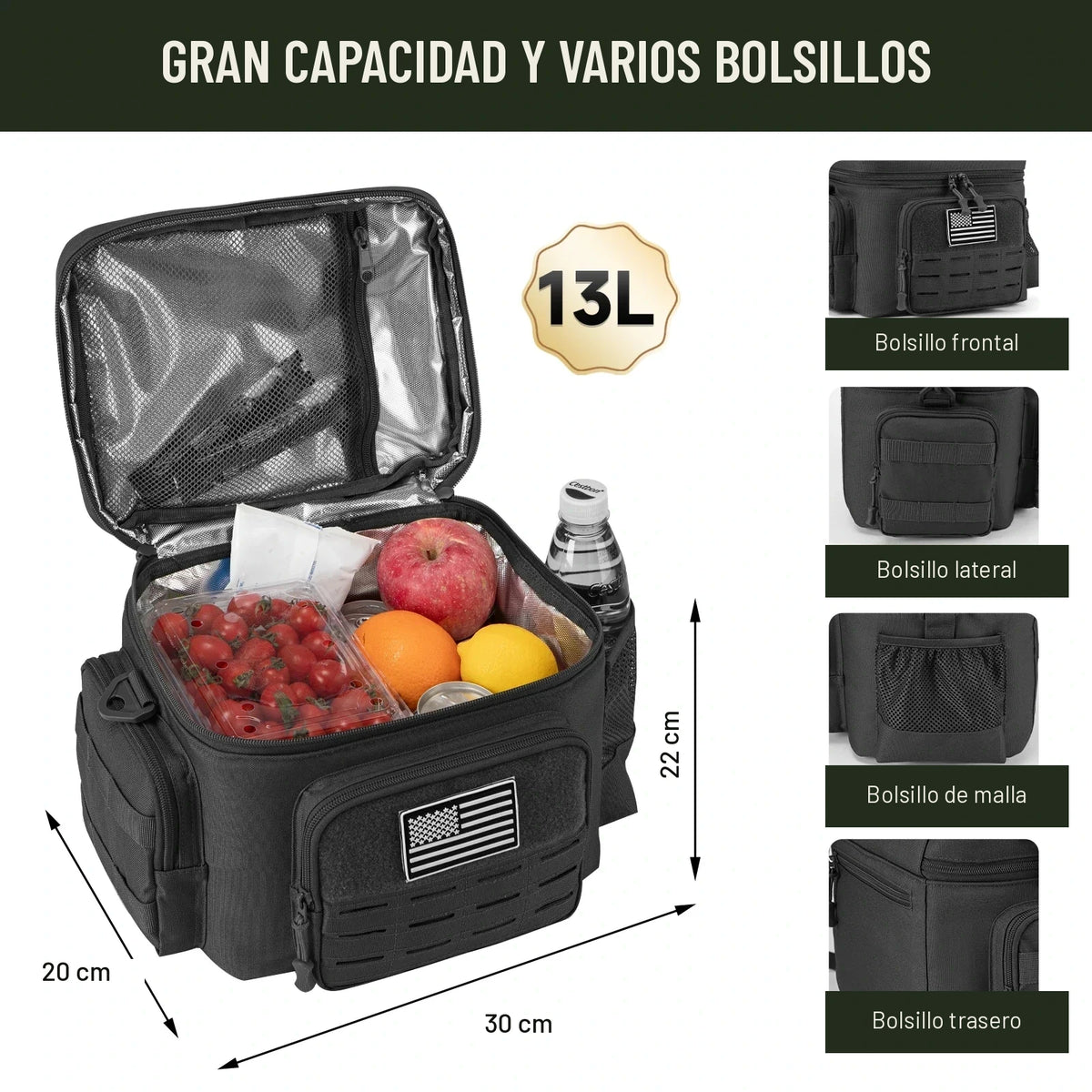 Lonchera termica negra de 13 litros con medidas de 30 x 20 x 22 cm y sus bolsillos frontal, lateral, de malla y trasero