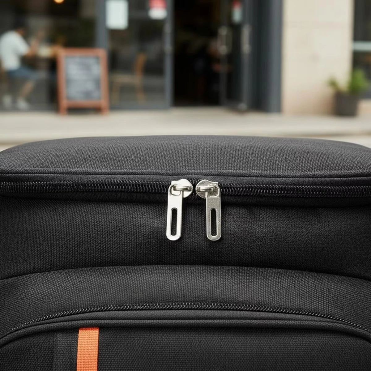 Mochila hielera abierta con bebidas y comida adentro