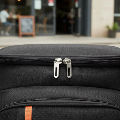 Mochila hielera abierta con bebidas y comida adentro