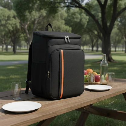 Mochila hielera negra con doble cierre, vista frontal