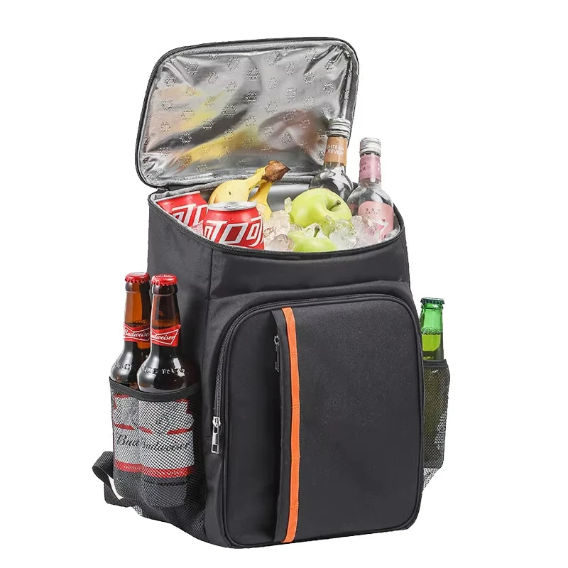 Mochila hielera negra vista lateral con bolsa de malla