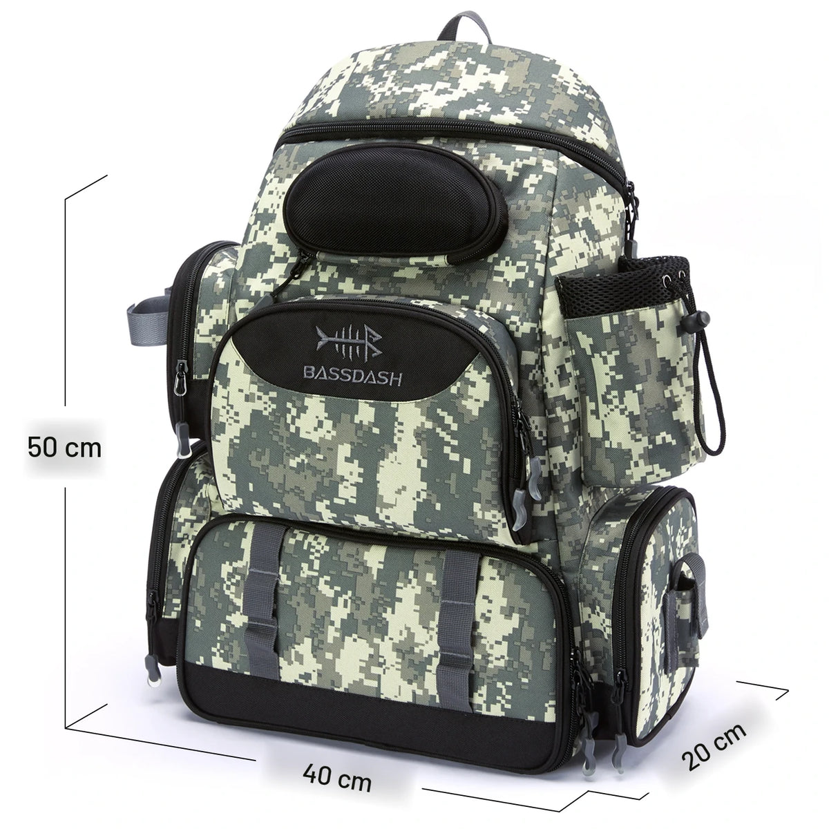 Mochila de pesca estampado outdoor con medidas de 50 x 40 x 20 cm