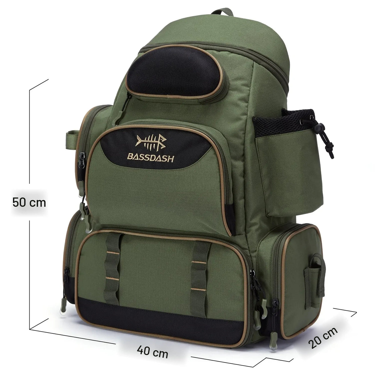 Mochila de pesca verde olivo con medidas de 50 x 40 x 20 cm