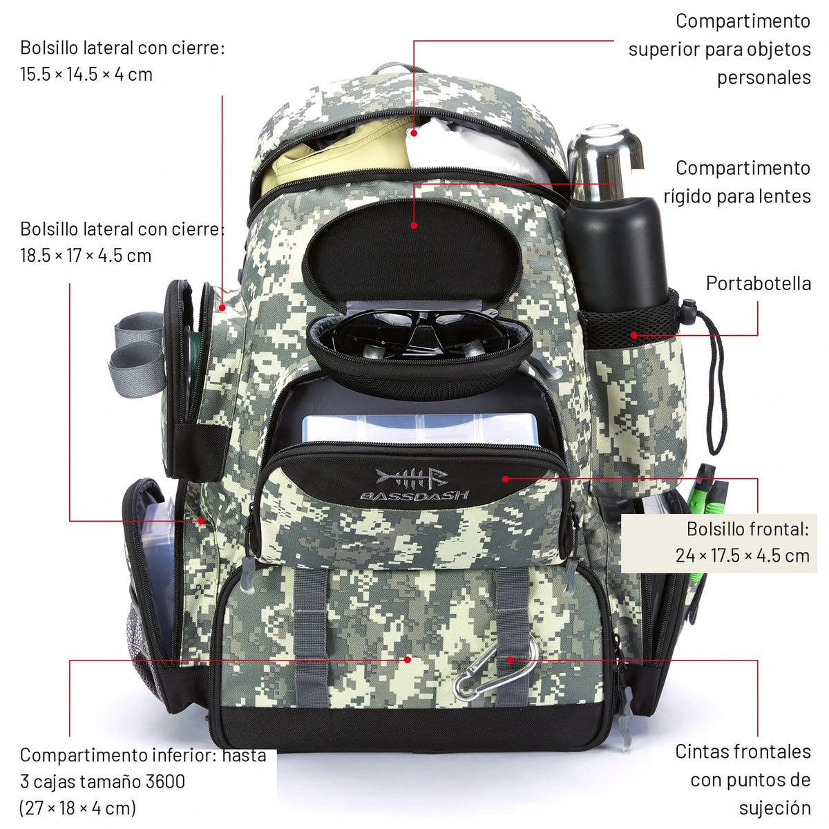 Bolsillos y compartimentos de la mochila de pesca estampado outdoor con medidas en cm