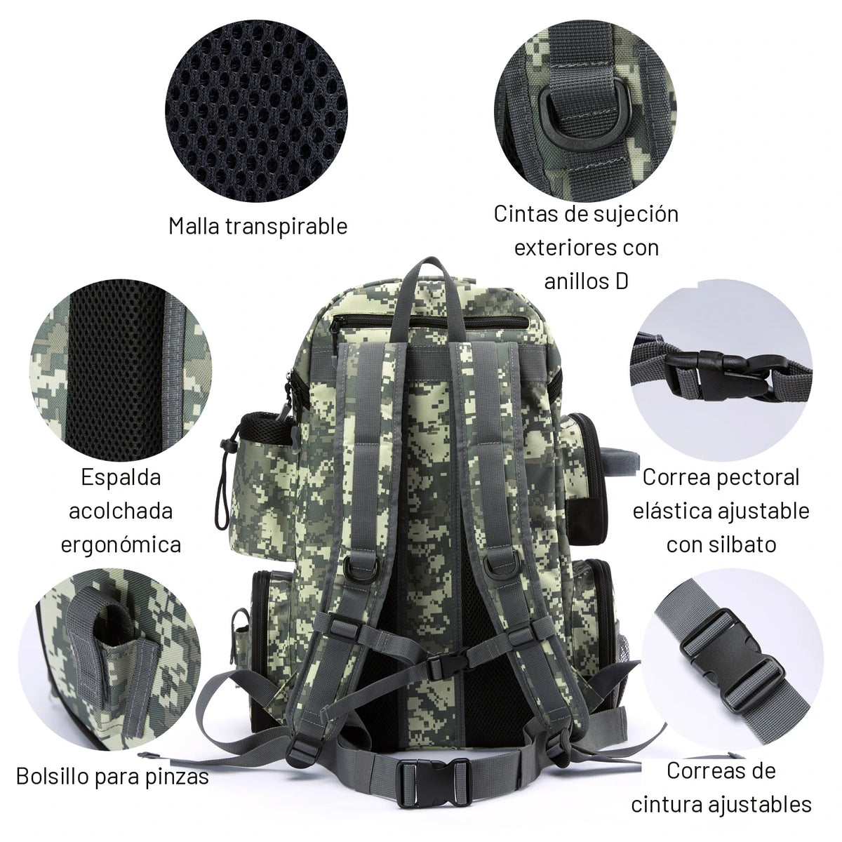 Espalda acolchada y arneses ajustables de la mochila de pesca estampado outdoor