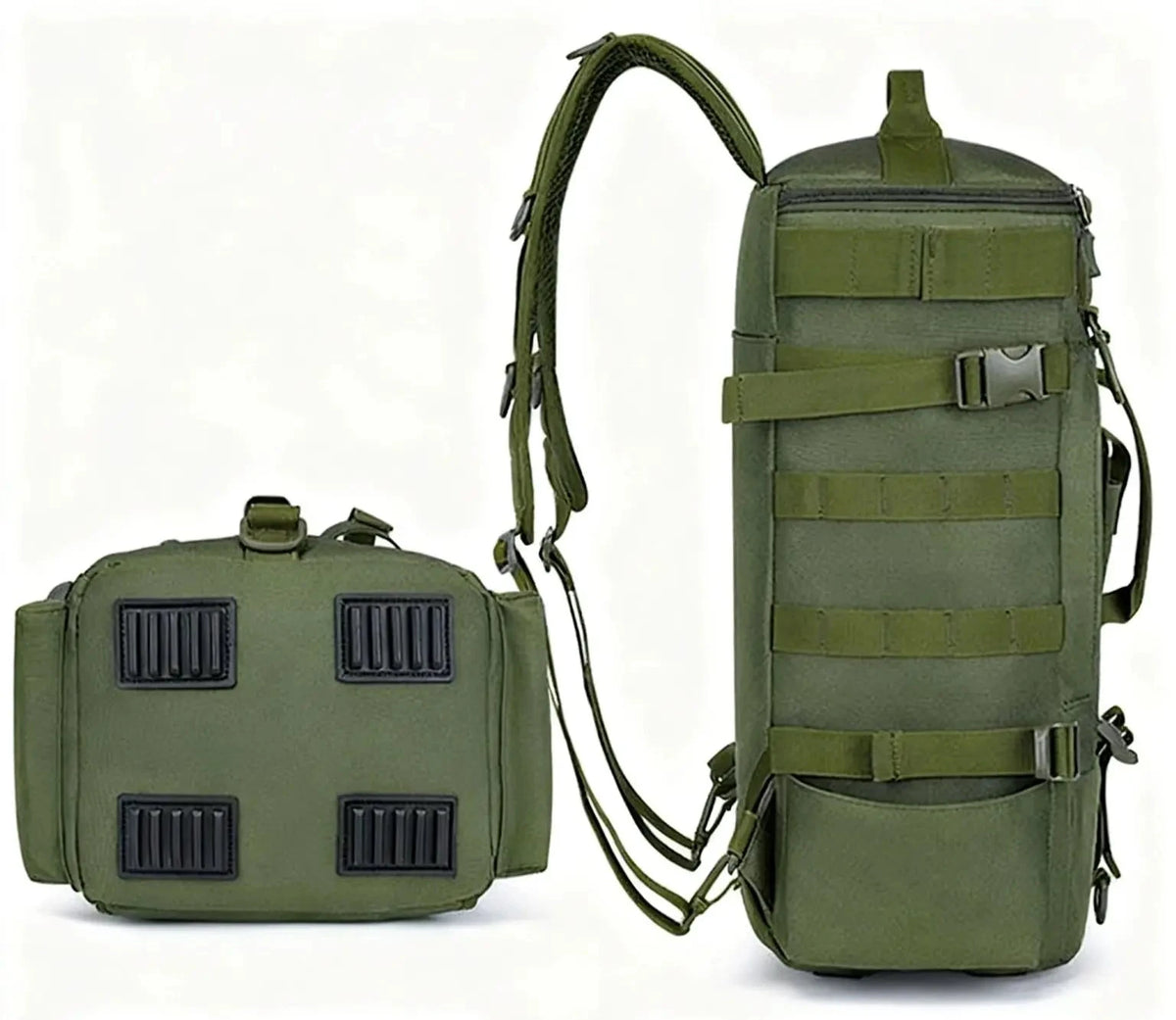 Mochila de pesca con portacañas abierta