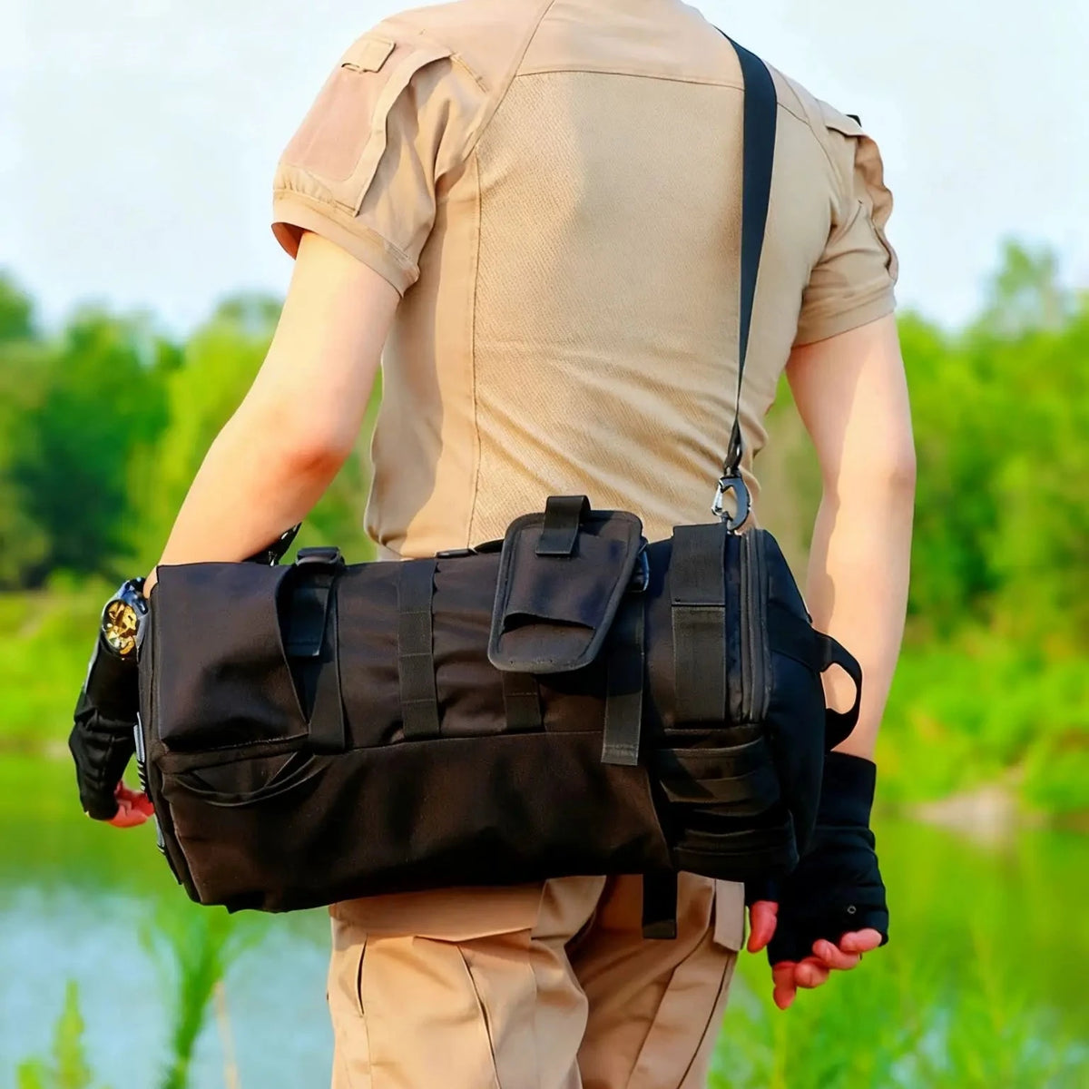 Mochila de pesca con portacañas cargada con el equipo