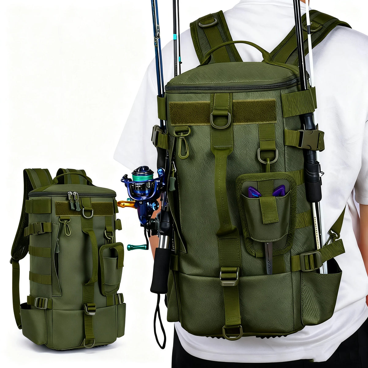 Mochila de pesca con portacañas vista de frente