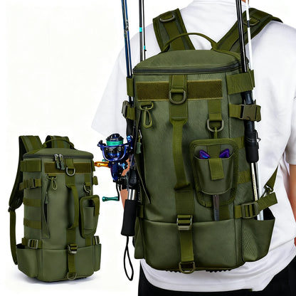 Mochila de pesca con portacañas vista de frente