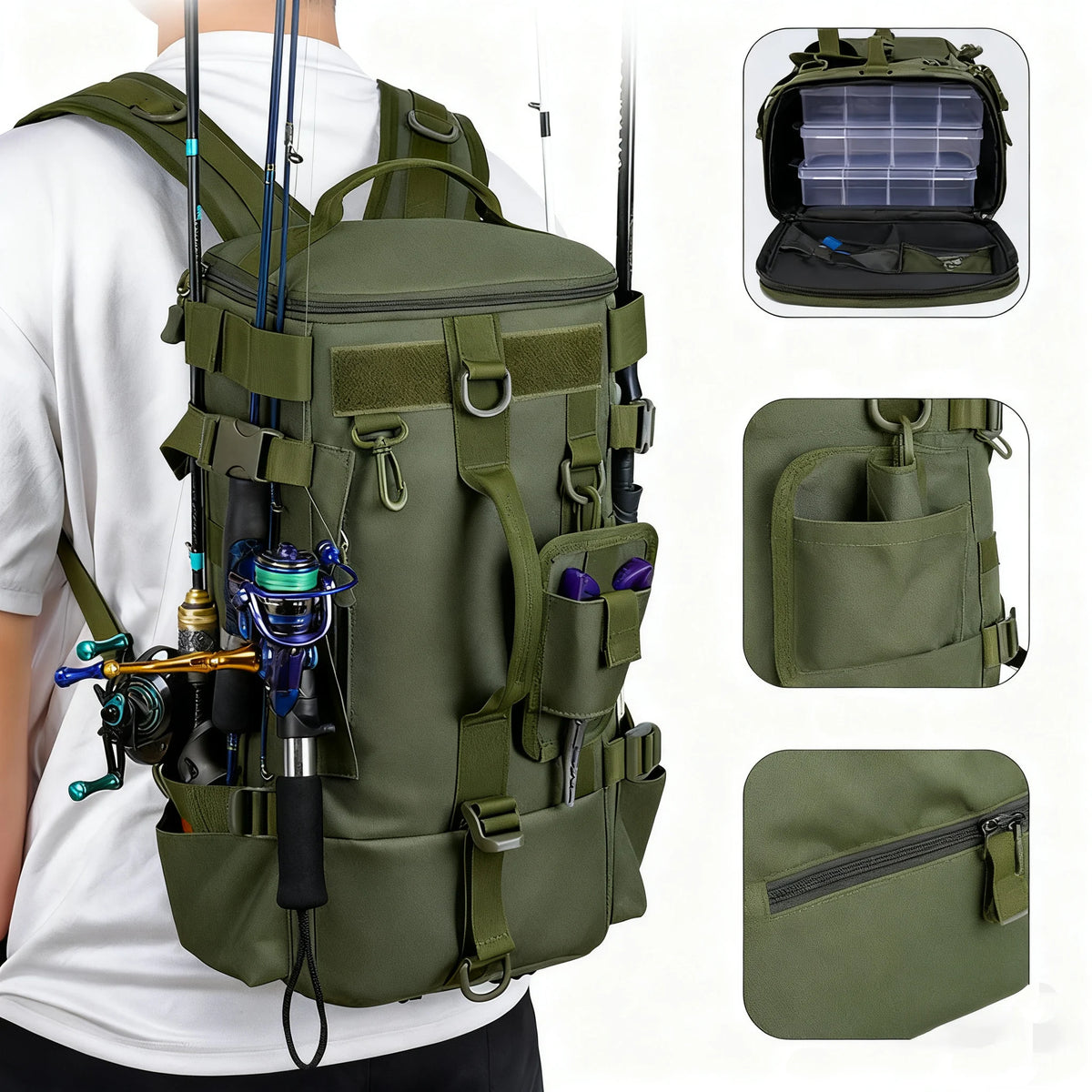 Mochila de pesca con portacañas vista de lado