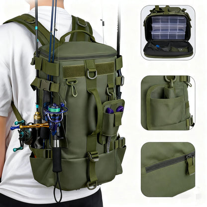 Mochila de pesca con portacañas vista de lado