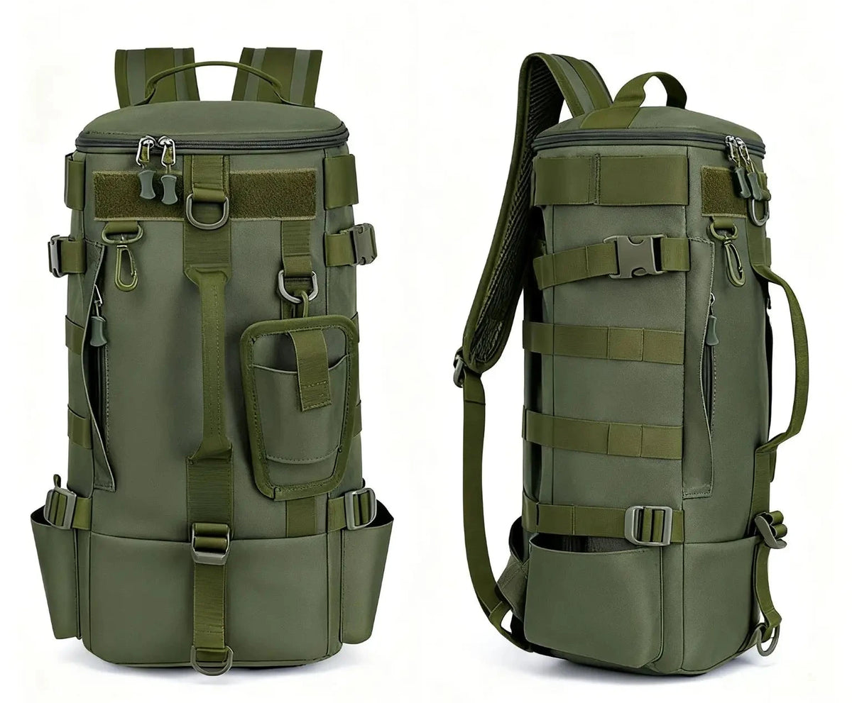 Mochila de pesca con portacañas vista desde atrás
