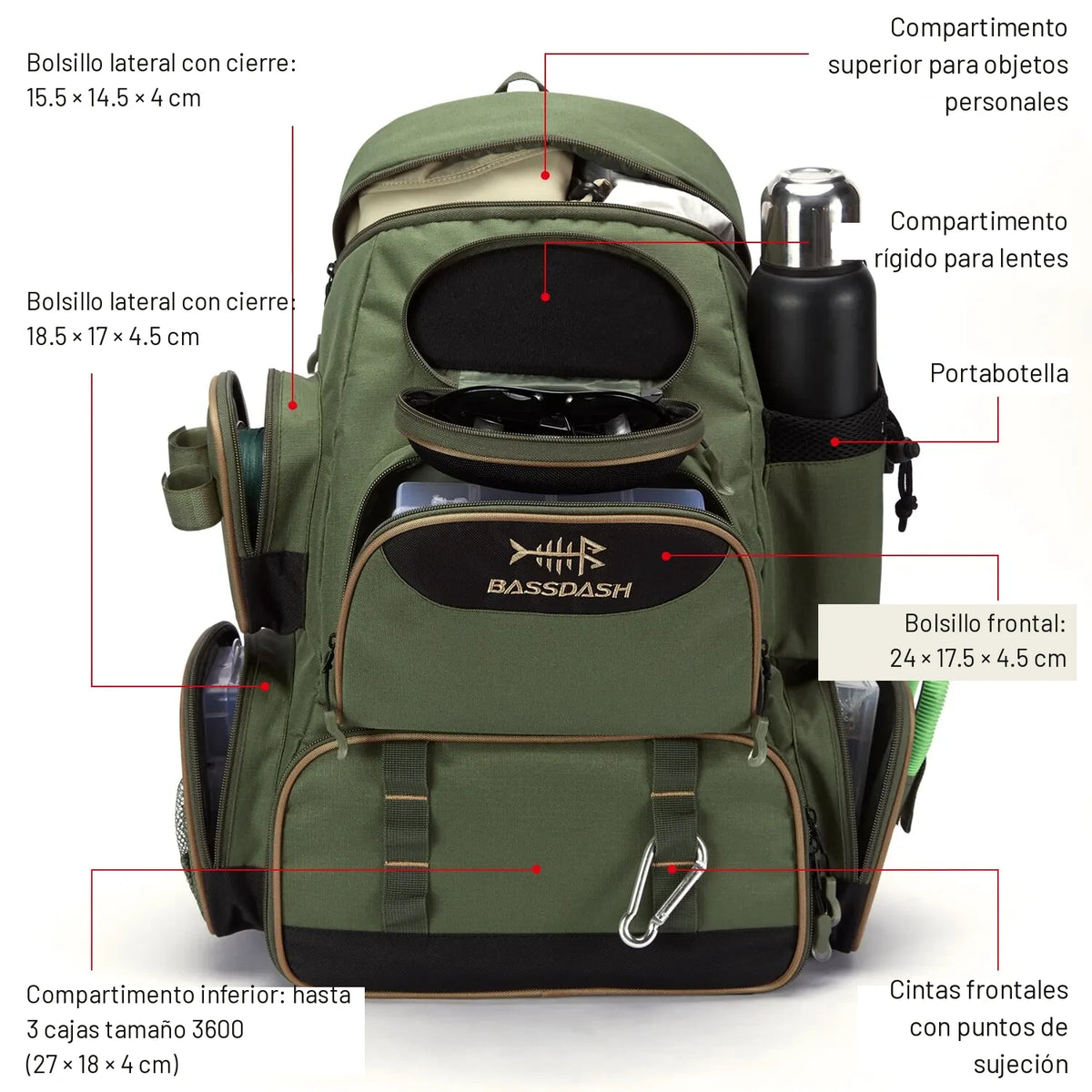 Bolsillos y compartimentos de la mochila de pesca verde olivo con medidas en cm