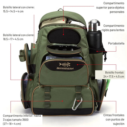 Bolsillos y compartimentos de la mochila de pesca verde olivo con medidas en cm