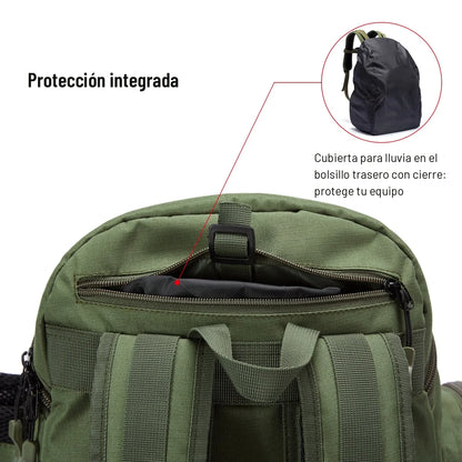 Cubierta para lluvia guardada en el bolsillo trasero de la mochila de pesca verde olivo