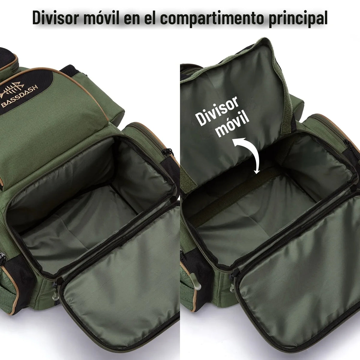 Divisor movil del compartimento principal de la mochila de pesca verde olivo