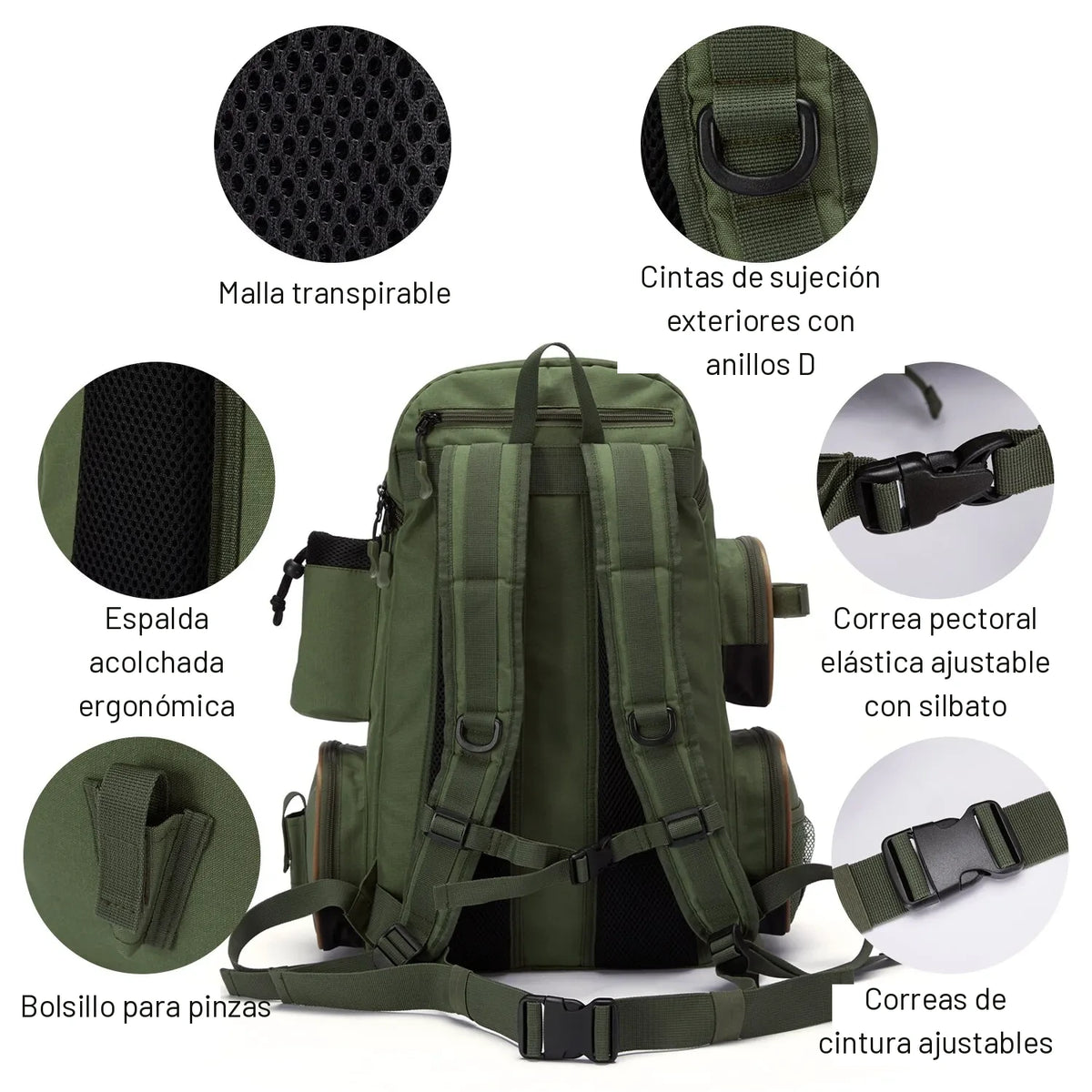 Espalda acolchada y arneses ajustables de la mochila de pesca verde olivo