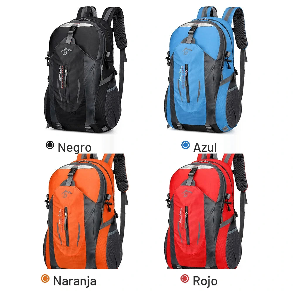 Mochila de senderismo de 40 litros en negro, azul, naranja y rojo