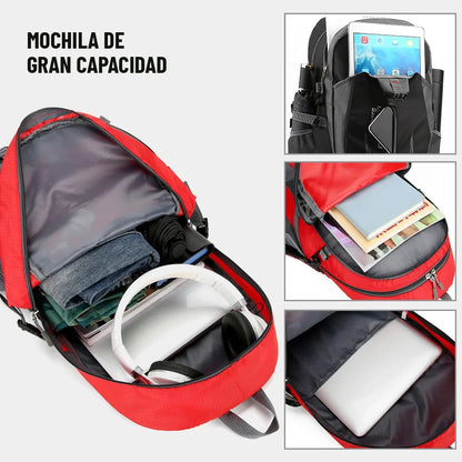 Interior de la mochila de senderismo de 40 litros con ropa, laptop y accesorios