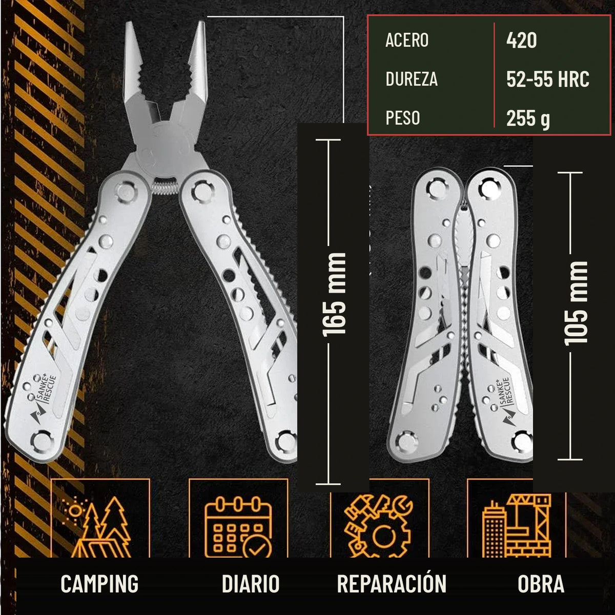 Multiherramienta de acero 420, dureza 52-55 HRC, 165 mm abierta y 105 mm cerrada