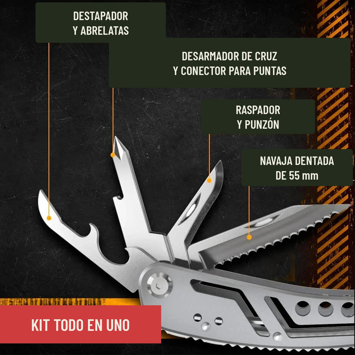 Funciones de la multiherramienta: destapador, abrelatas, raspador, punzón y navaja dentada de 55 mm