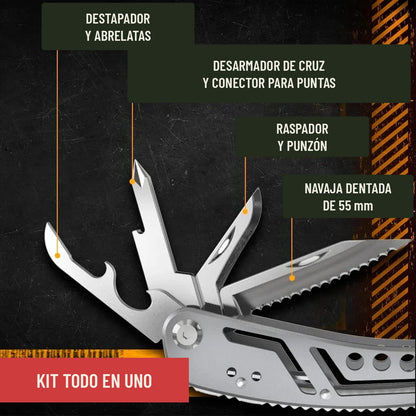 Funciones de la multiherramienta: destapador, abrelatas, raspador, punzón y navaja dentada de 55 mm