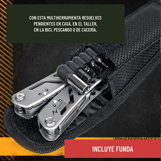 Multiherramienta 24 en 1 guardada en su funda de nailon para cinturón