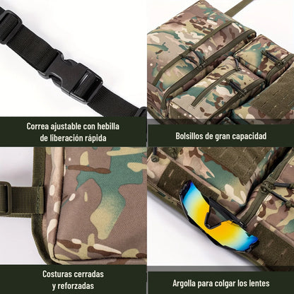 Detalles del organizador: correa con hebilla, bolsillos amplios, costuras reforzadas y argolla para lentes