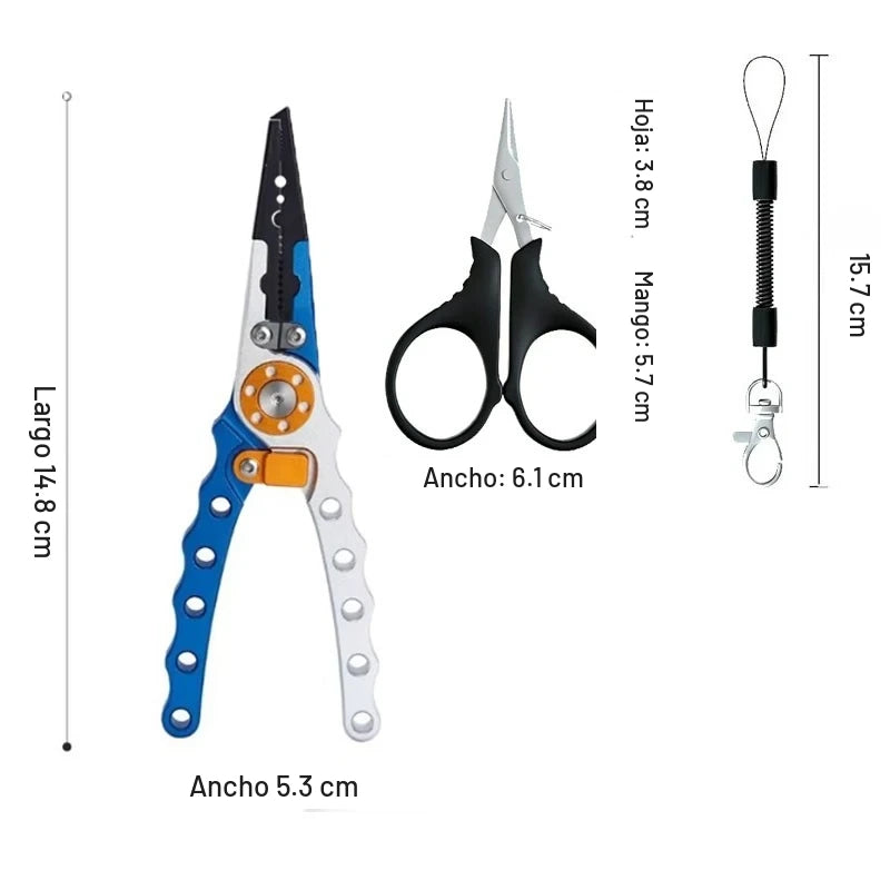Medidas de las pinzas de pesca: 14.8 cm de largo, 5.3 cm de ancho y cordón de 15.7 cm