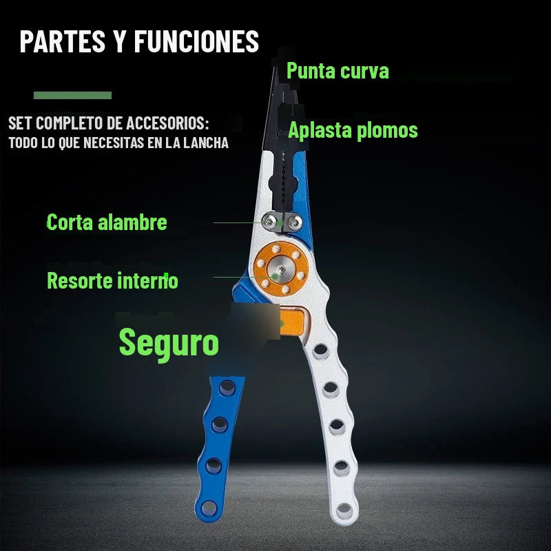 Partes de las pinzas de pesca: punta curva, corta alambre, resorte interno y seguro