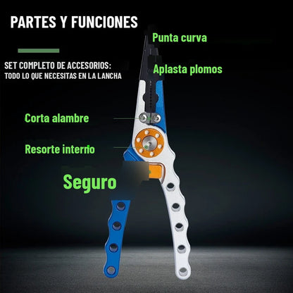 Partes de las pinzas de pesca: punta curva, corta alambre, resorte interno y seguro