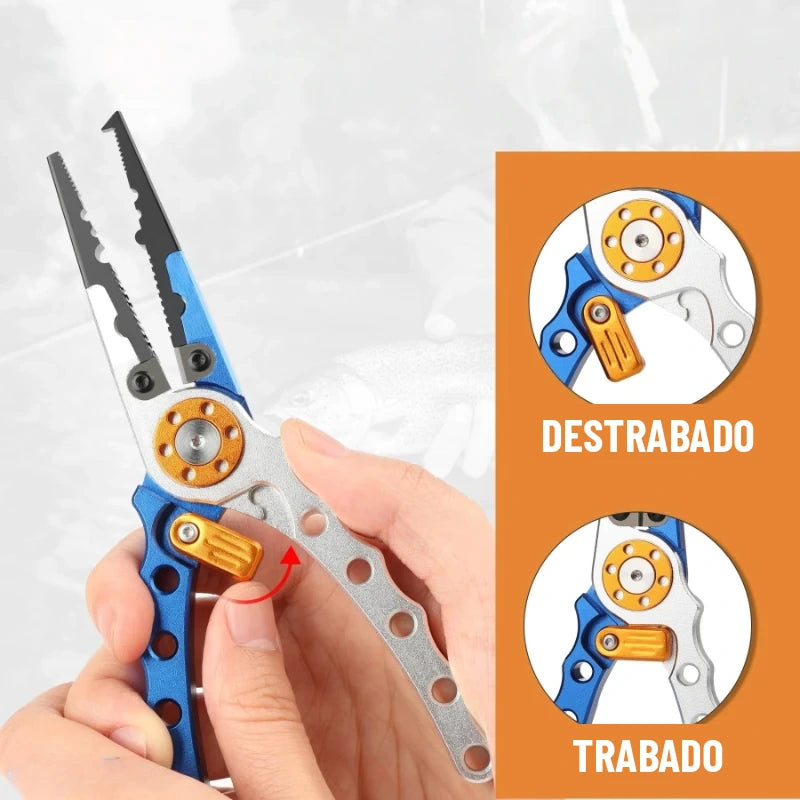 Palanca del seguro de las pinzas de pesca en posición trabada y destrabada