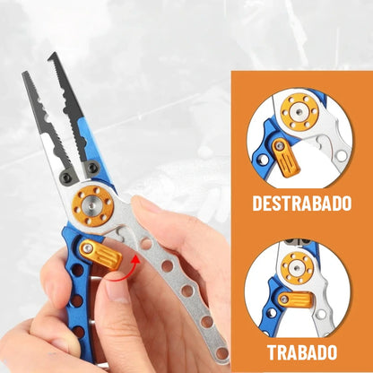 Palanca del seguro de las pinzas de pesca en posición trabada y destrabada