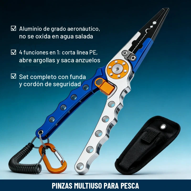 Pinzas de pesca de aluminio con funda y cordón de seguridad, 4 funciones en 1