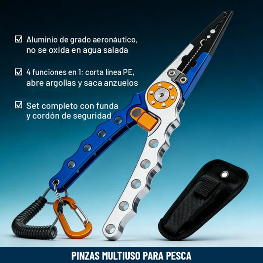 Pinzas de pesca de aluminio con funda y cordón de seguridad, 4 funciones en 1