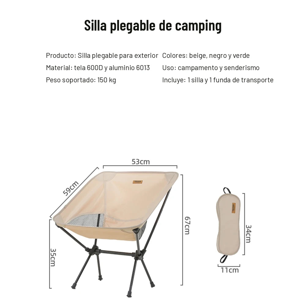 Ficha de la silla plegable de camping: 53 x 59 x 67 cm armada y 34 x 11 cm guardada